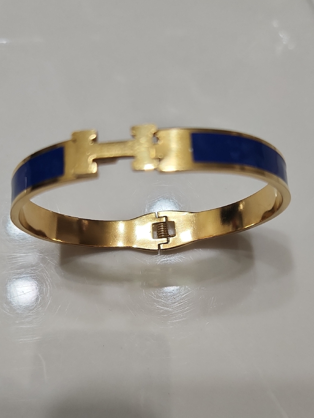 Gold Plated Bracelet with Blue Enamel Inlay - Designer Style - Picture 2 of 2